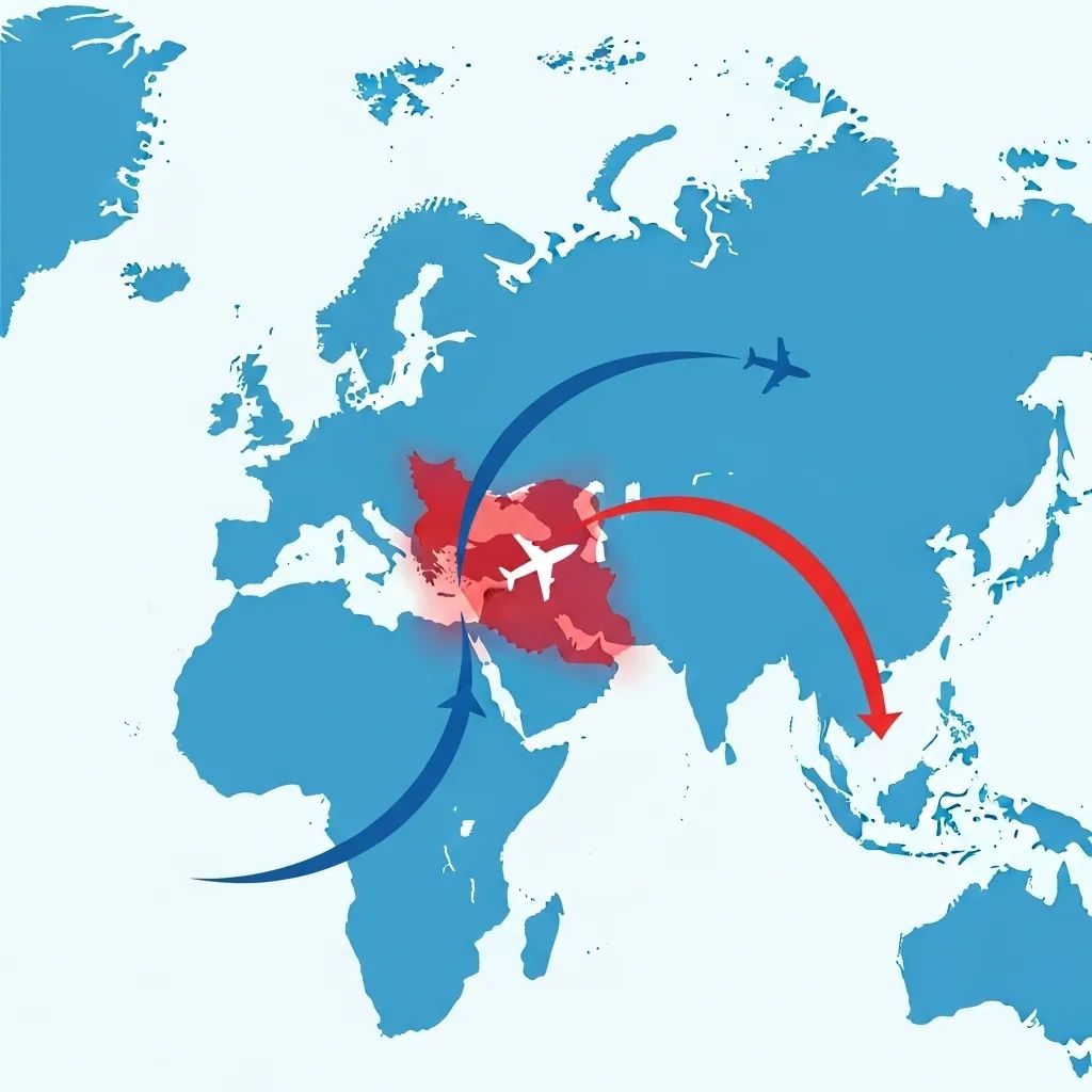 Infographic showing flight detour around Iran on Europe-Asia route