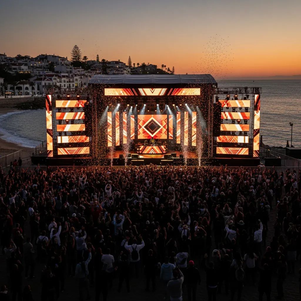 Seaside crowd watching an open-air music stage at sunset during Cascais festival