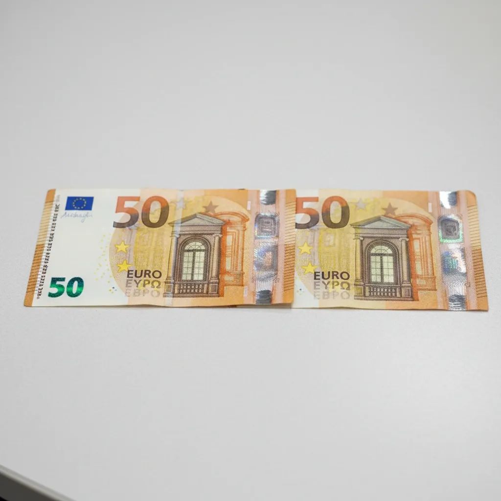 Comparison of genuine and counterfeit euro notes showing security features and identification details