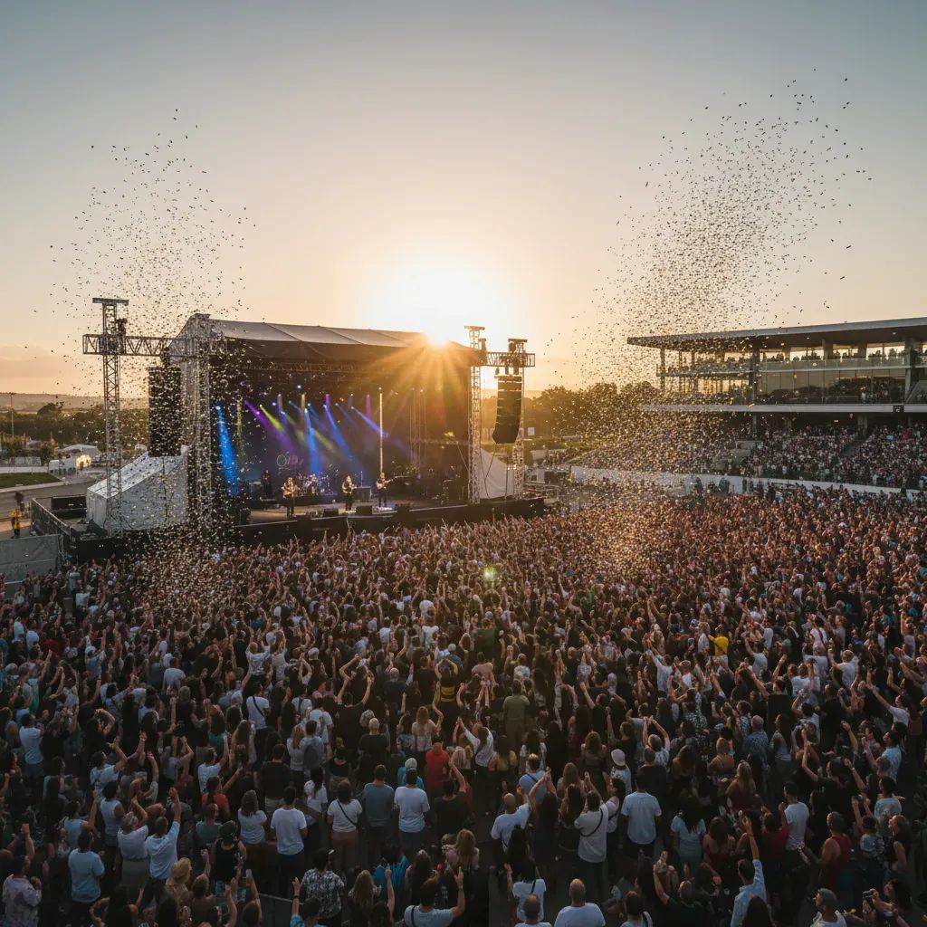 Concert stage at Coala Festival Cascais venue with diverse audience gathered for evening performance