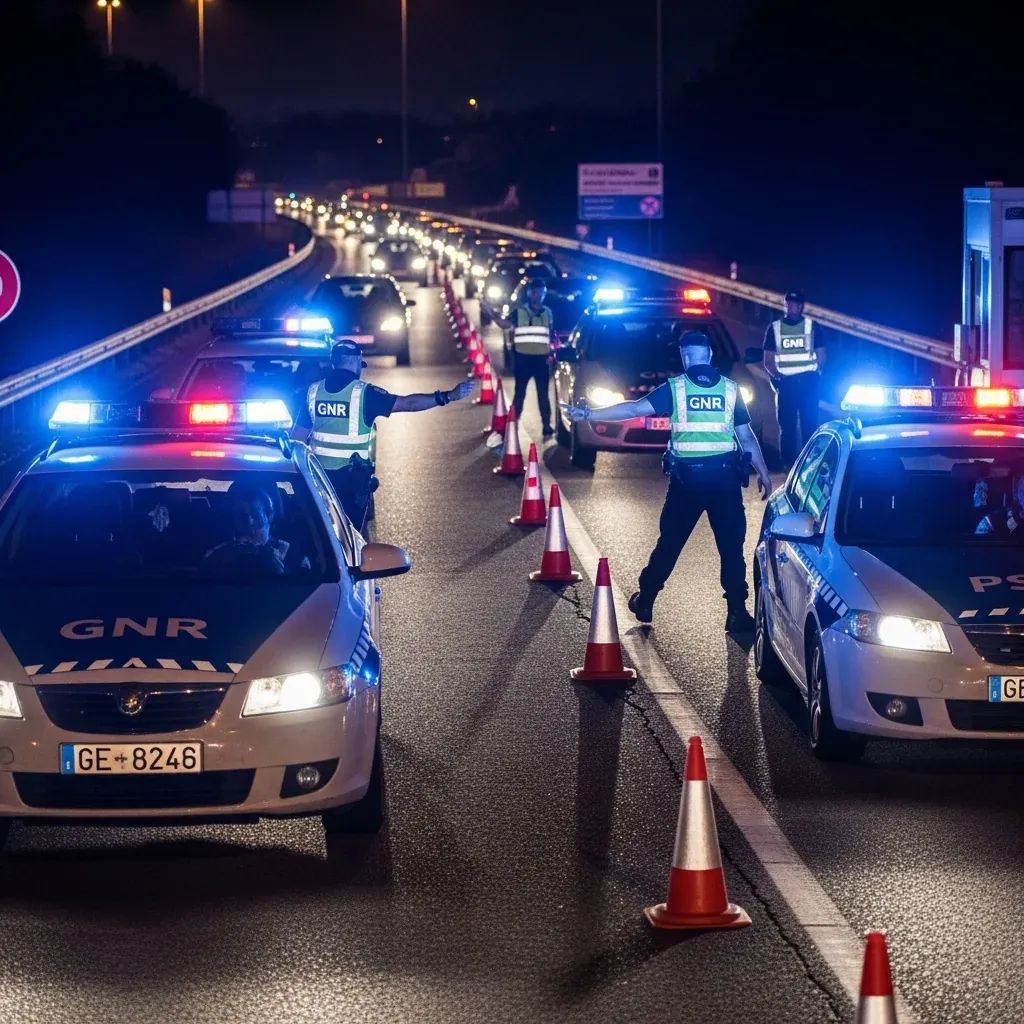 Nighttime highway checkpoint on a Portuguese motorway with police cars and flashing lights