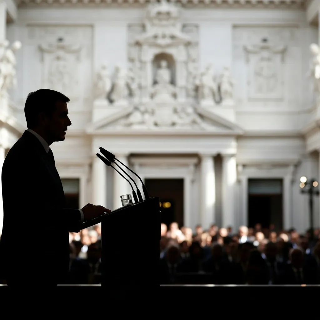 Silhouette of a politician at a podium addressing a crowd in a Portuguese hall