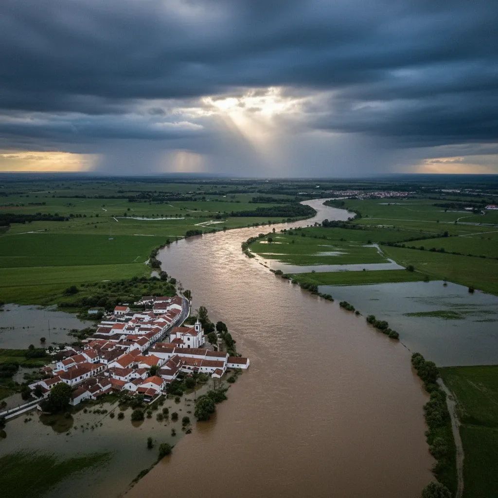 Aerial view of a swollen river flooding fields near a Portuguese village under stormy skies