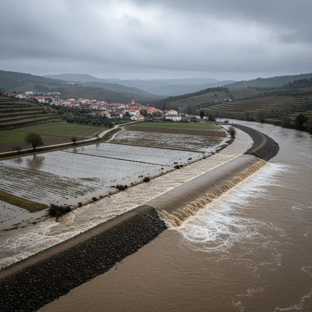 Portuguese river basin landscape showing dike infrastructure with floodplain and agricultural fields during winter weather conditions