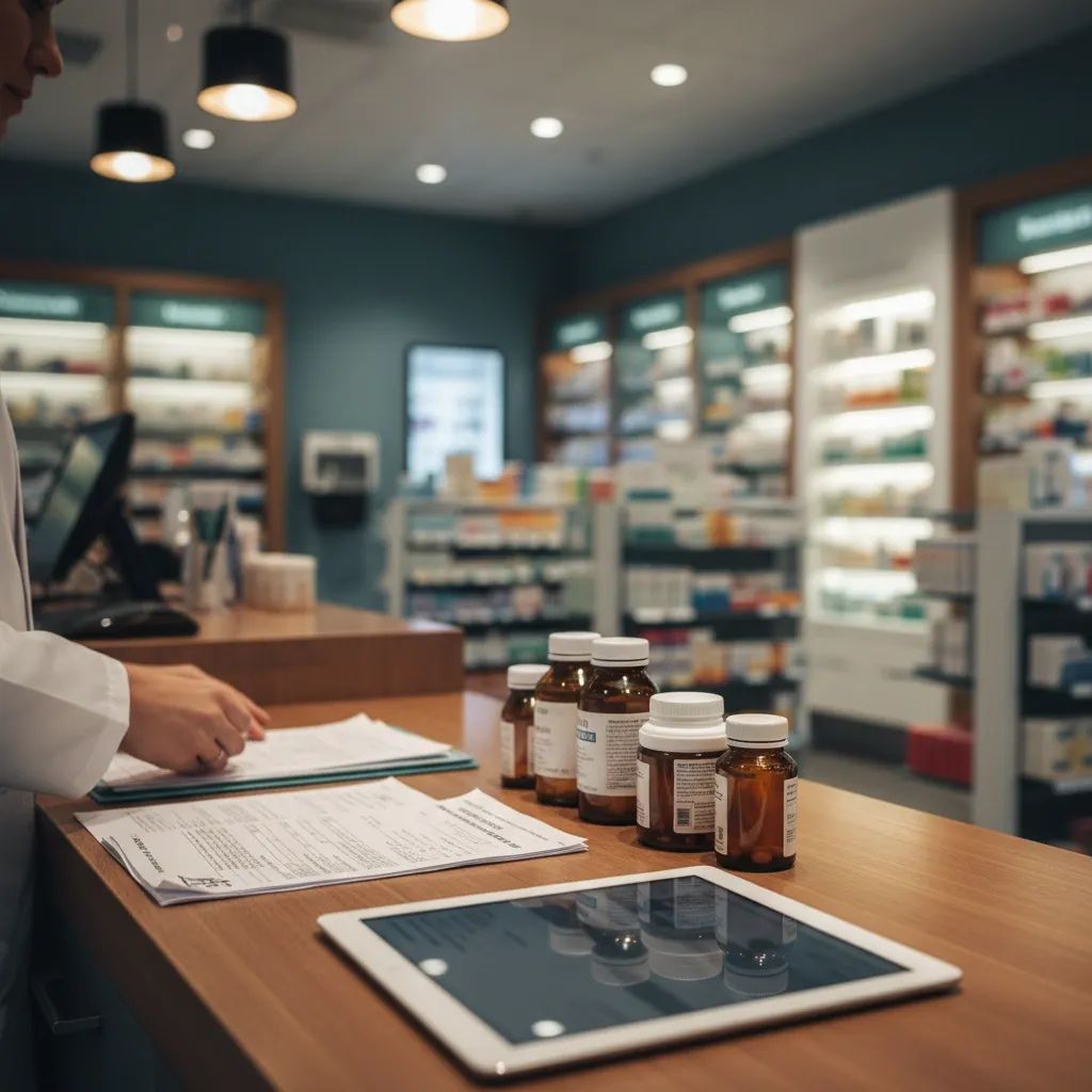 Pharmacy counter with medication bottles and prescription documents representing obesity drug costs