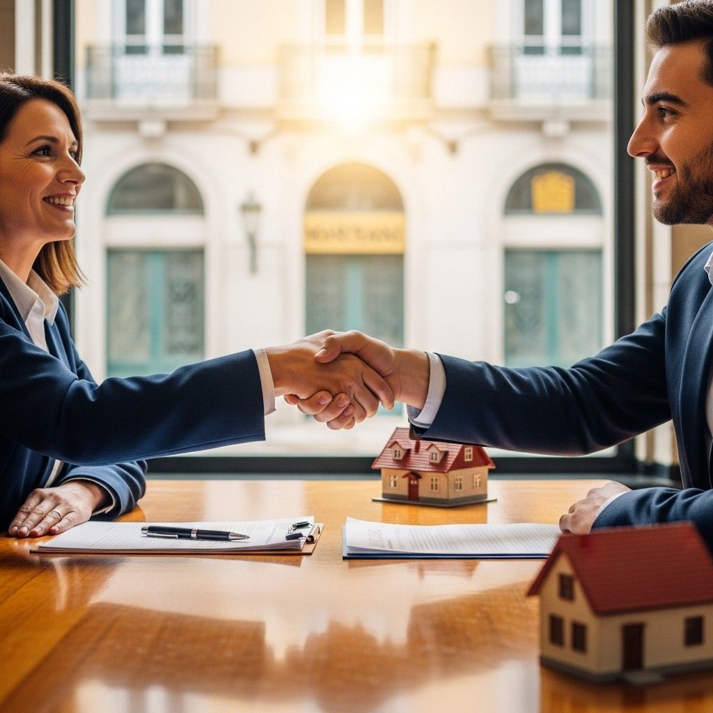 Bank officer and young borrower shaking hands over mortgage documents and model house