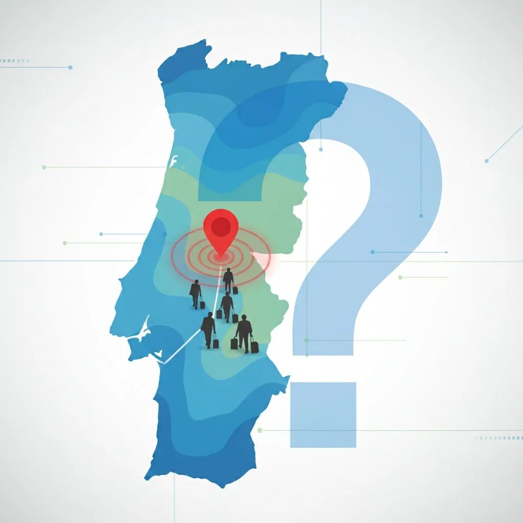 Illustration of Portugal map highlighting Fátima with pilgrims and a question mark symbol