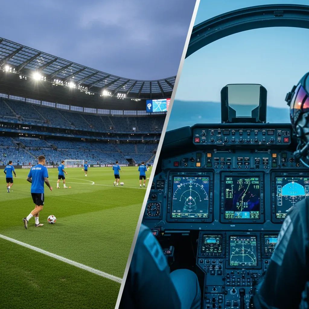 Split-screen showing football training session and fighter jet cockpit, representing psychology connection