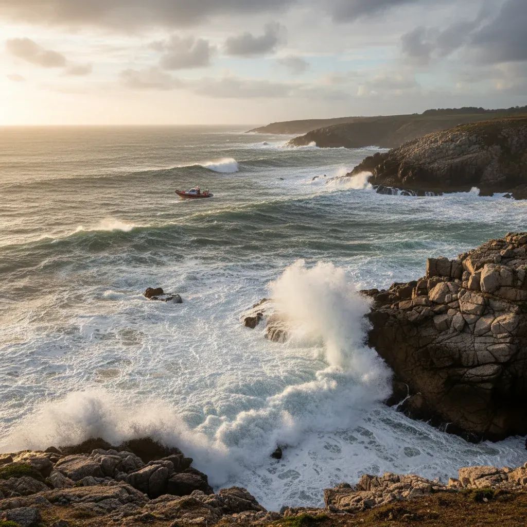 Rough Atlantic waves crashing against rocky Portuguese coastline near Viana do Castelo with maritime rescue boat visible