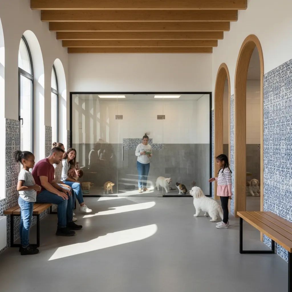 People viewing adoptable dogs and cats in a modern animal shelter facility with professional veterinary setup