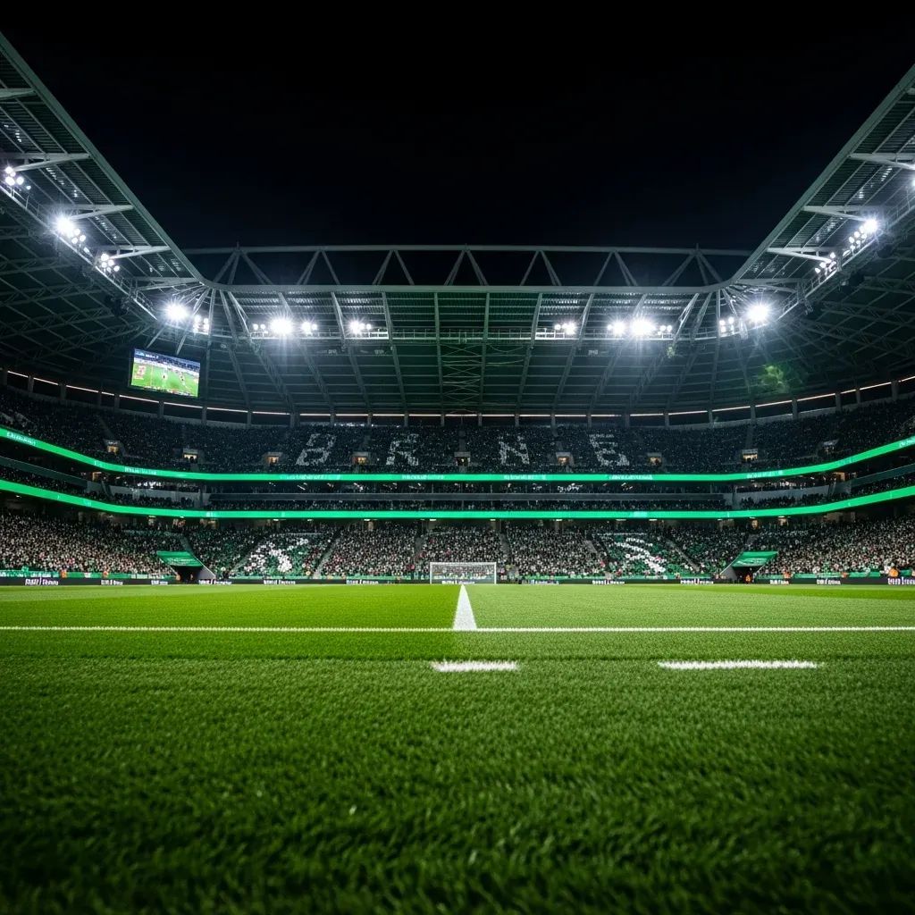 Interior view of a packed football stadium at night with fans under floodlights