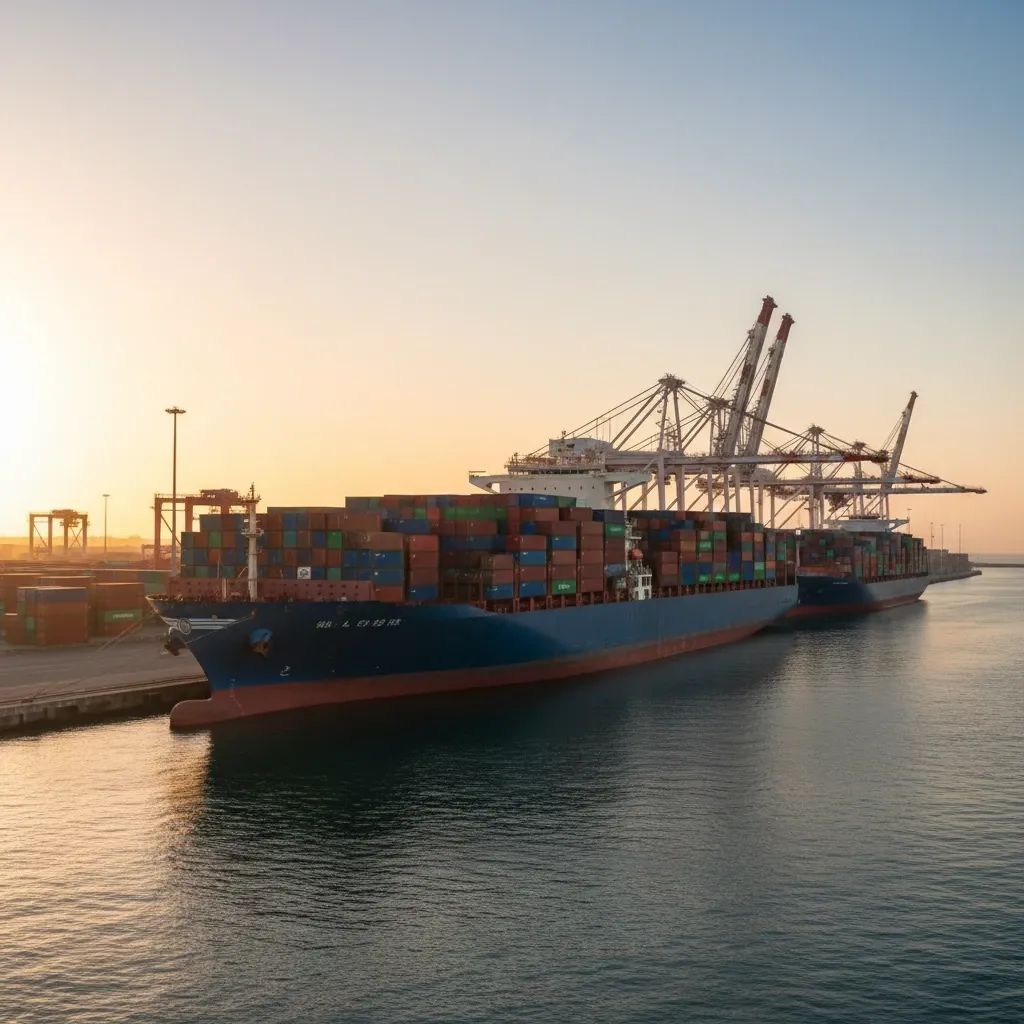 Cargo ship loaded with containers at Port of Sines in Portugal under clear sky