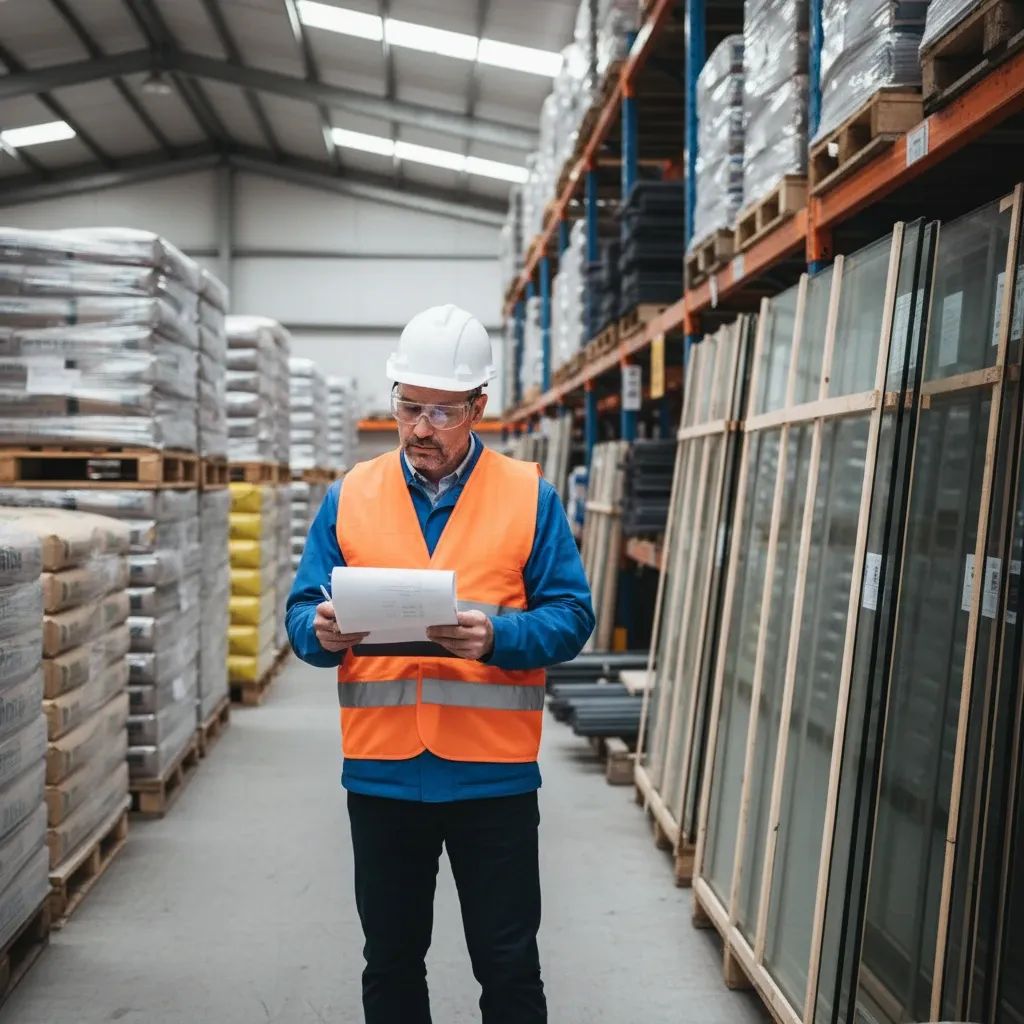 Inspector in safety vest reviewing invoices in warehouse of building materials