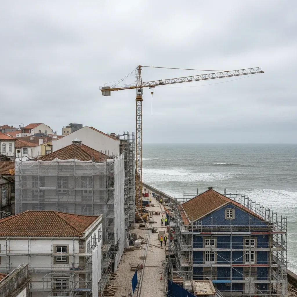 Scaffolding and crane repairing damaged coastal promenade in a Portuguese town after a storm