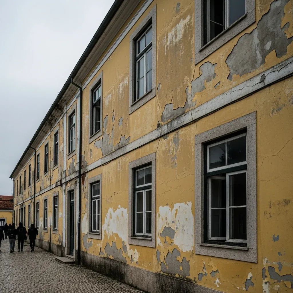 Exterior of Portuguese university dorm building with visible cracks and students walking by