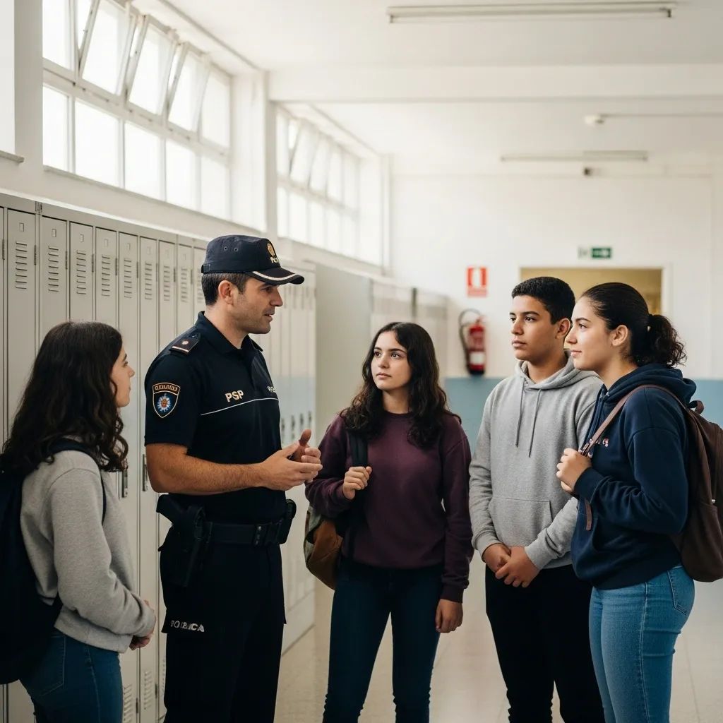 Uniformed police officer speaking with students in a Portuguese school corridor