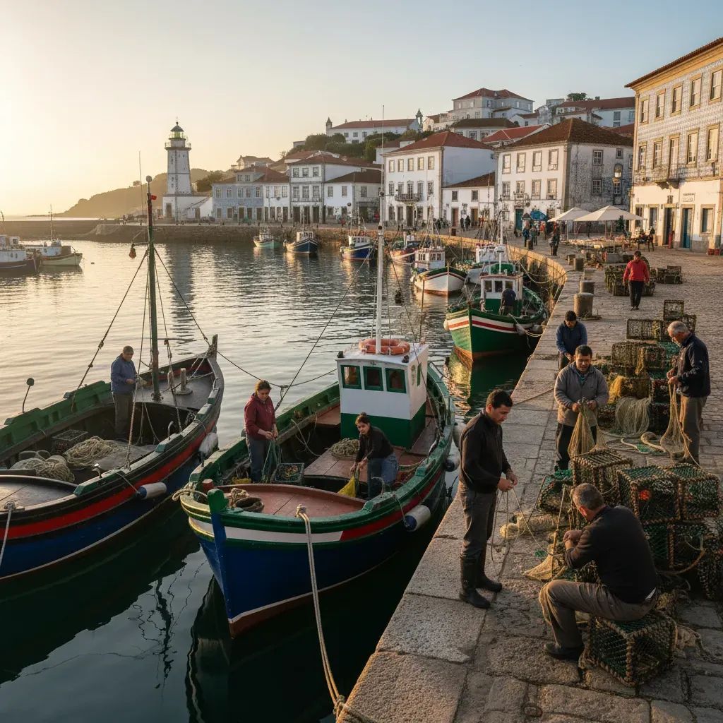 Portuguese fishing boats at harbor with diverse crew members preparing for work at northern port