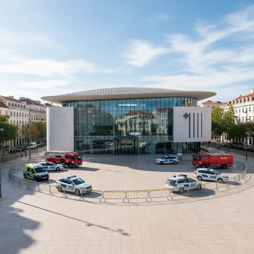 Emergency vehicles and police perimeter outside bank branch following security incident