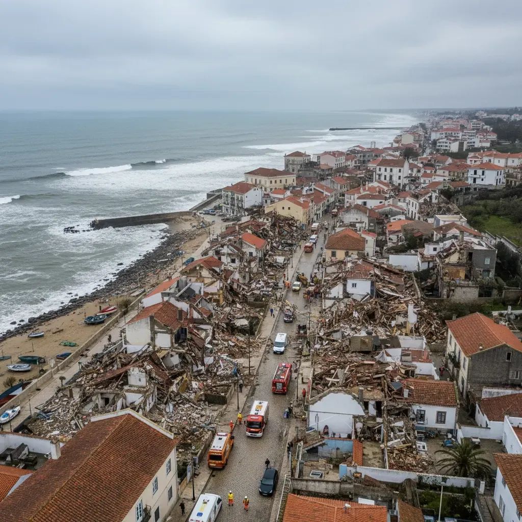 Aerial view of storm damage in Portuguese coastal municipality showing destroyed buildings and debris
