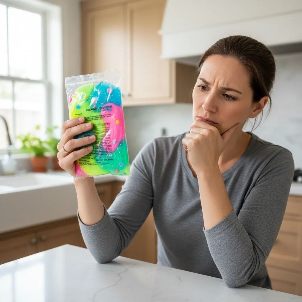 Parent checking sensory slime toy package at home with concerned expression