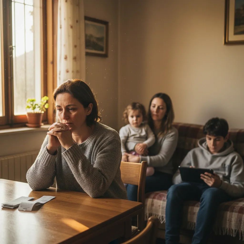 Single mother with disabled adult child and younger siblings in home setting, illustrating multi-generational caregiving challenges