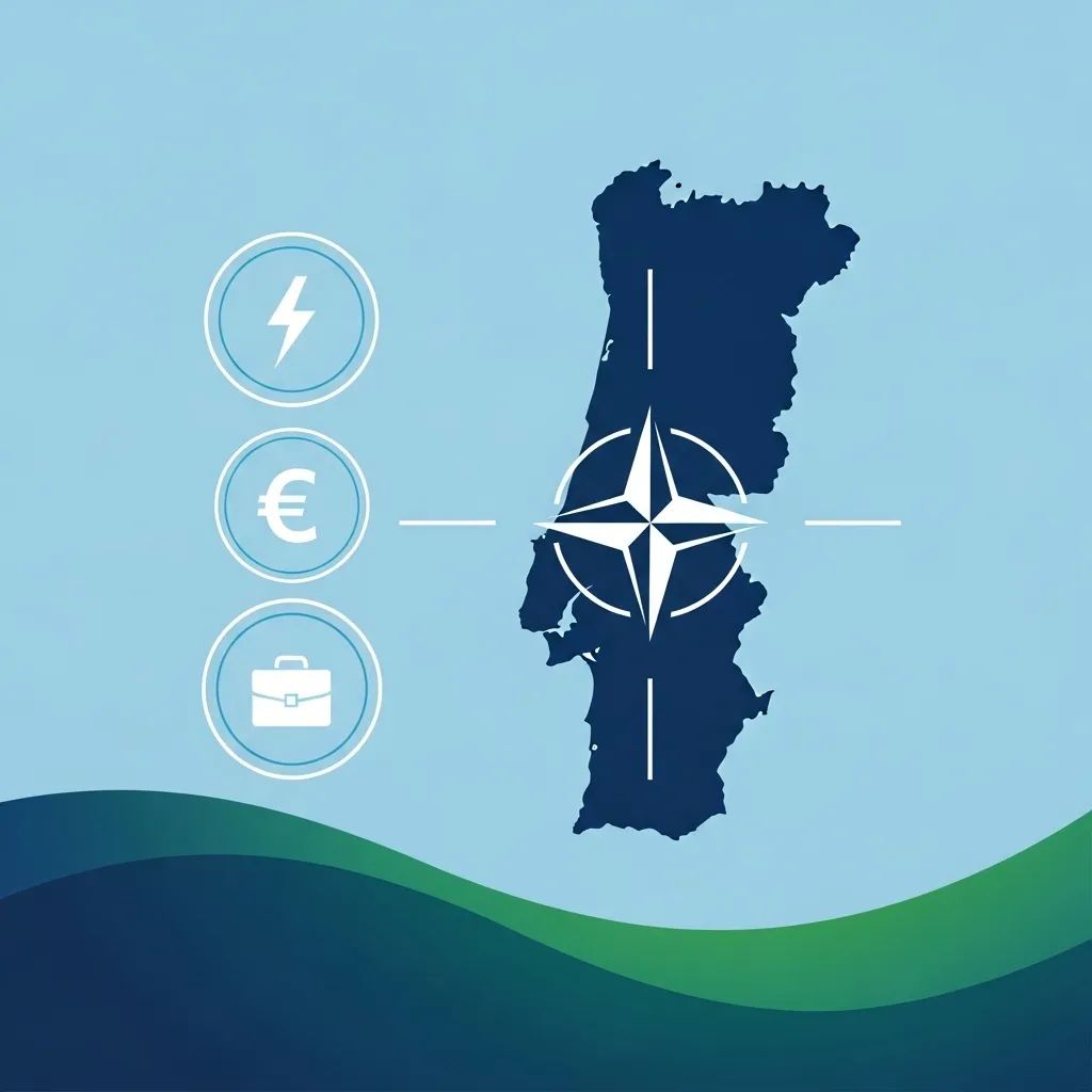 Infographic map of Portugal with NATO emblem and icons for energy, economy, and jobs