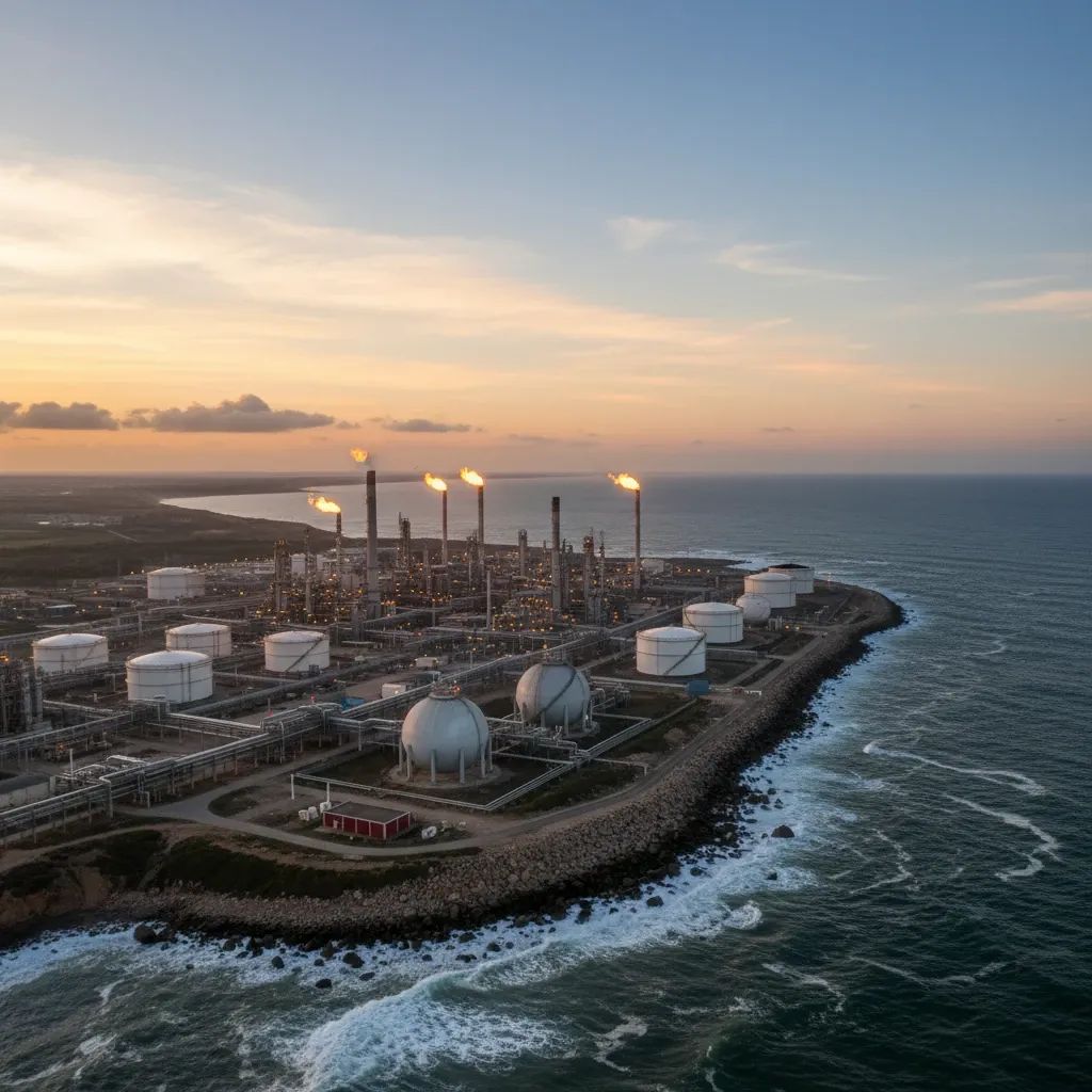 Wide-angle dusk view of coastal Portuguese refinery with gas tanks and flare stacks illustrating Galp’s energy operations