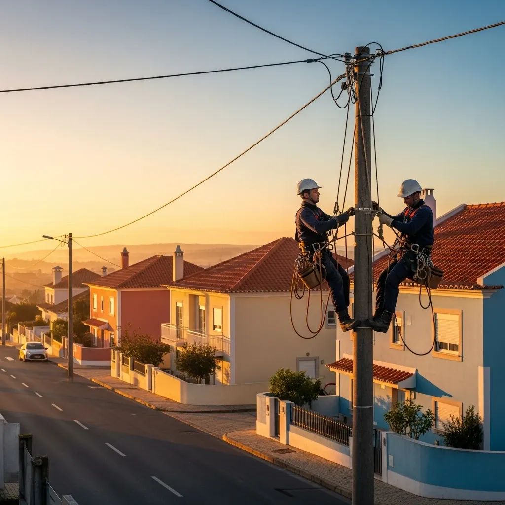Técnicos da E-Redes a inspecionar linhas de energia num bairro residencial ao amanhecer