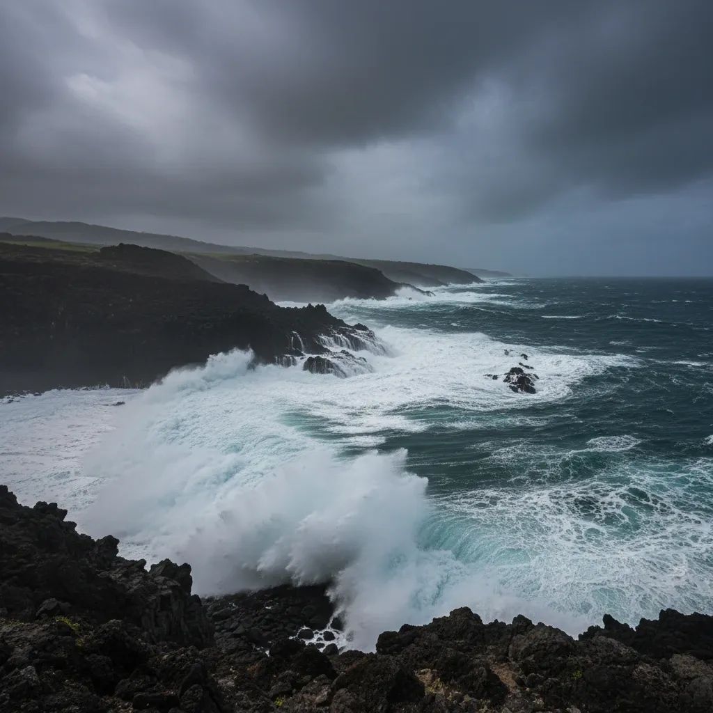 Large waves and rough seas crashing against Madeira's volcanic coastline during storm conditions