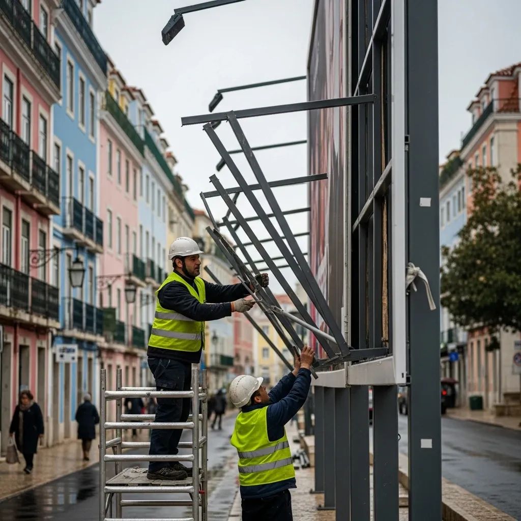 Workers dismantling a political campaign billboard in Lisbon street