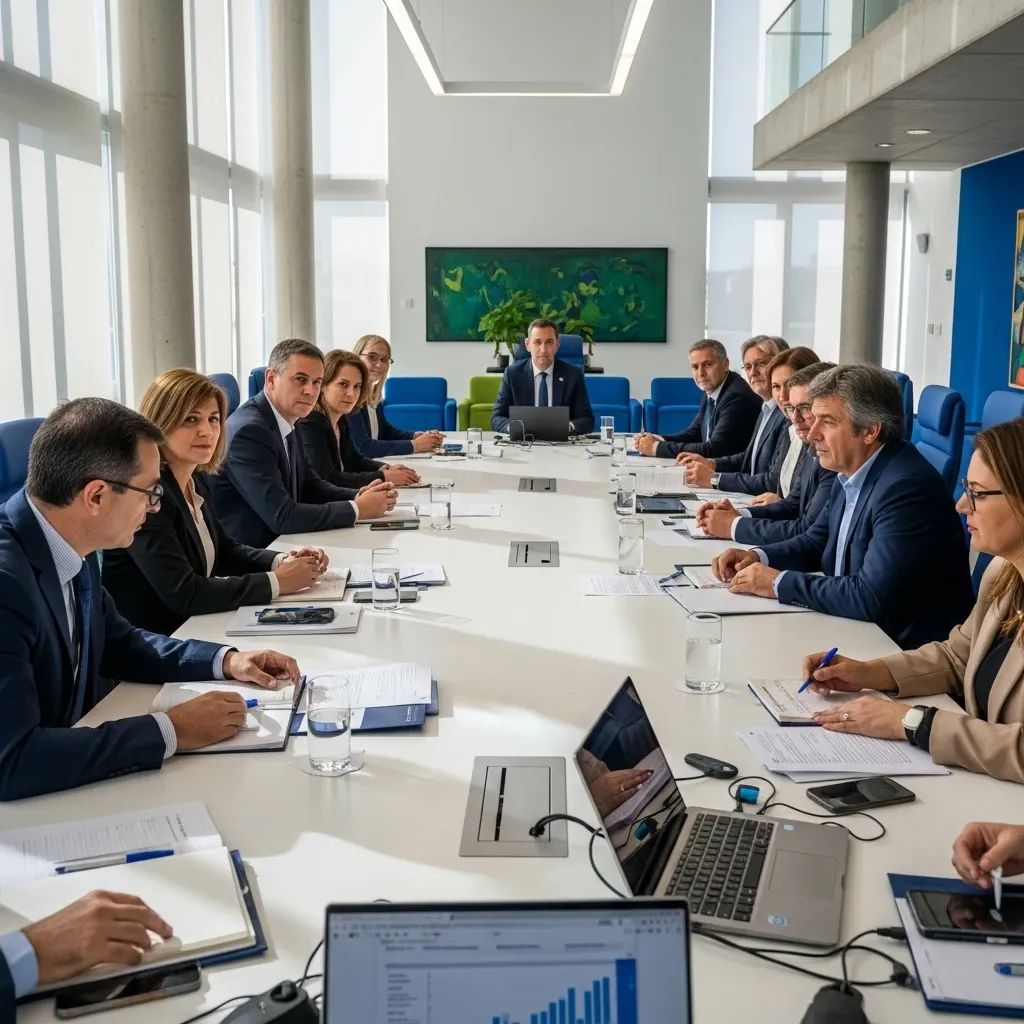 Municipal officials in a conference room meeting over local finance documents