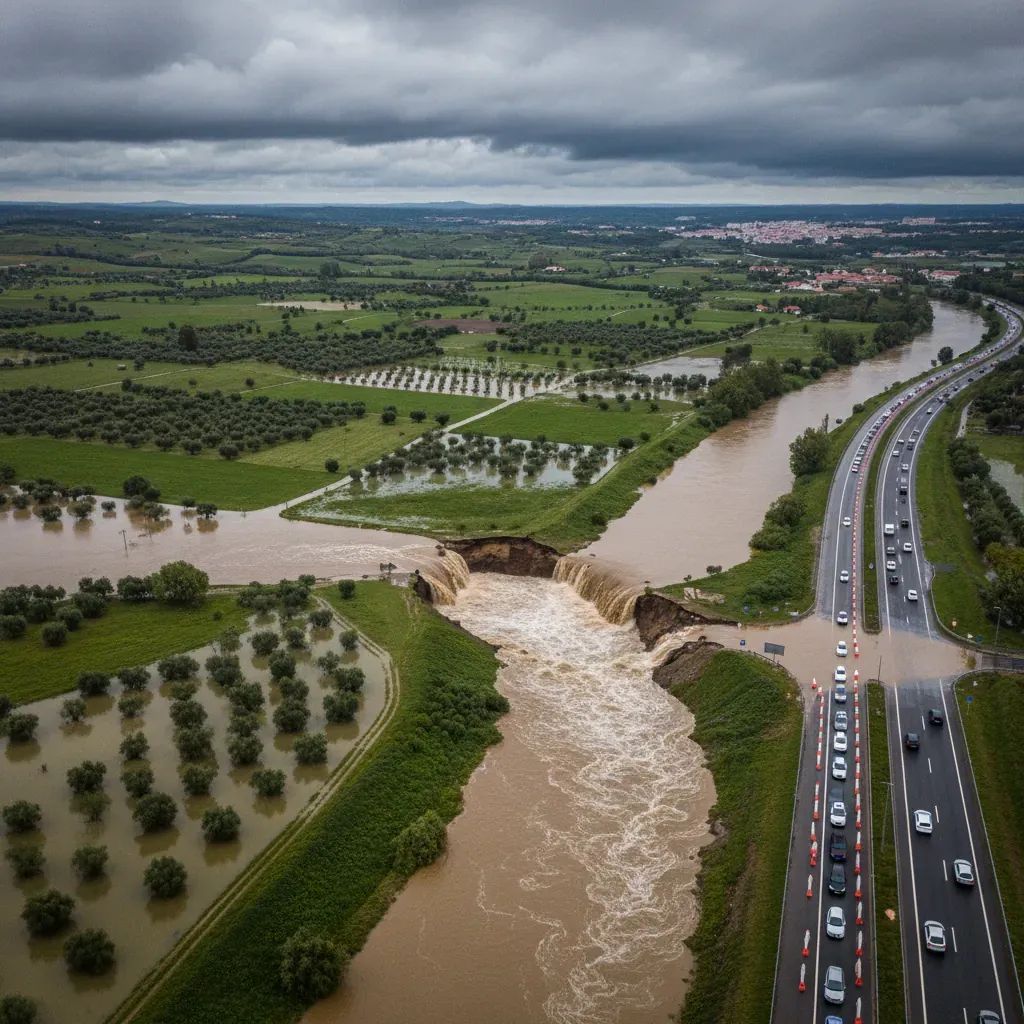 Aerial view of Mondego River dike breach flooding farmland and forcing a highway closure near Coimbra