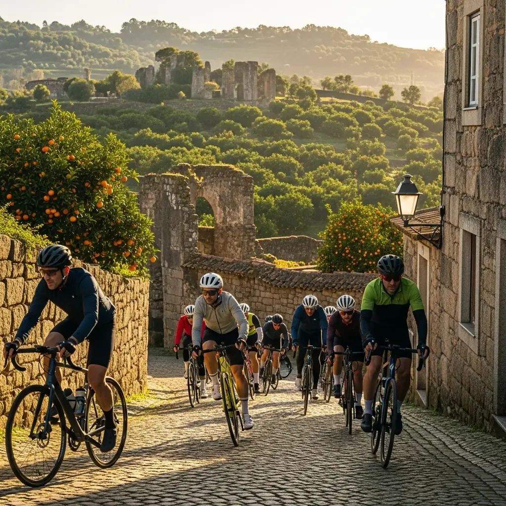 Cyclists riding through a cobbled Algarve village street lined with citrus groves and ruins