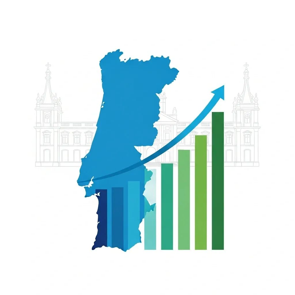 Infographic of Portugal map with rising bar chart and arrow showing economic growth forecast