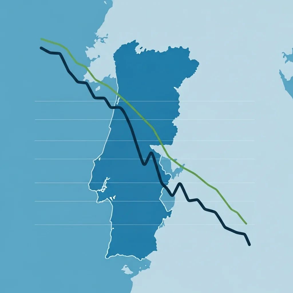 Infographic of falling Portuguese government bond yields with a background map of Portugal