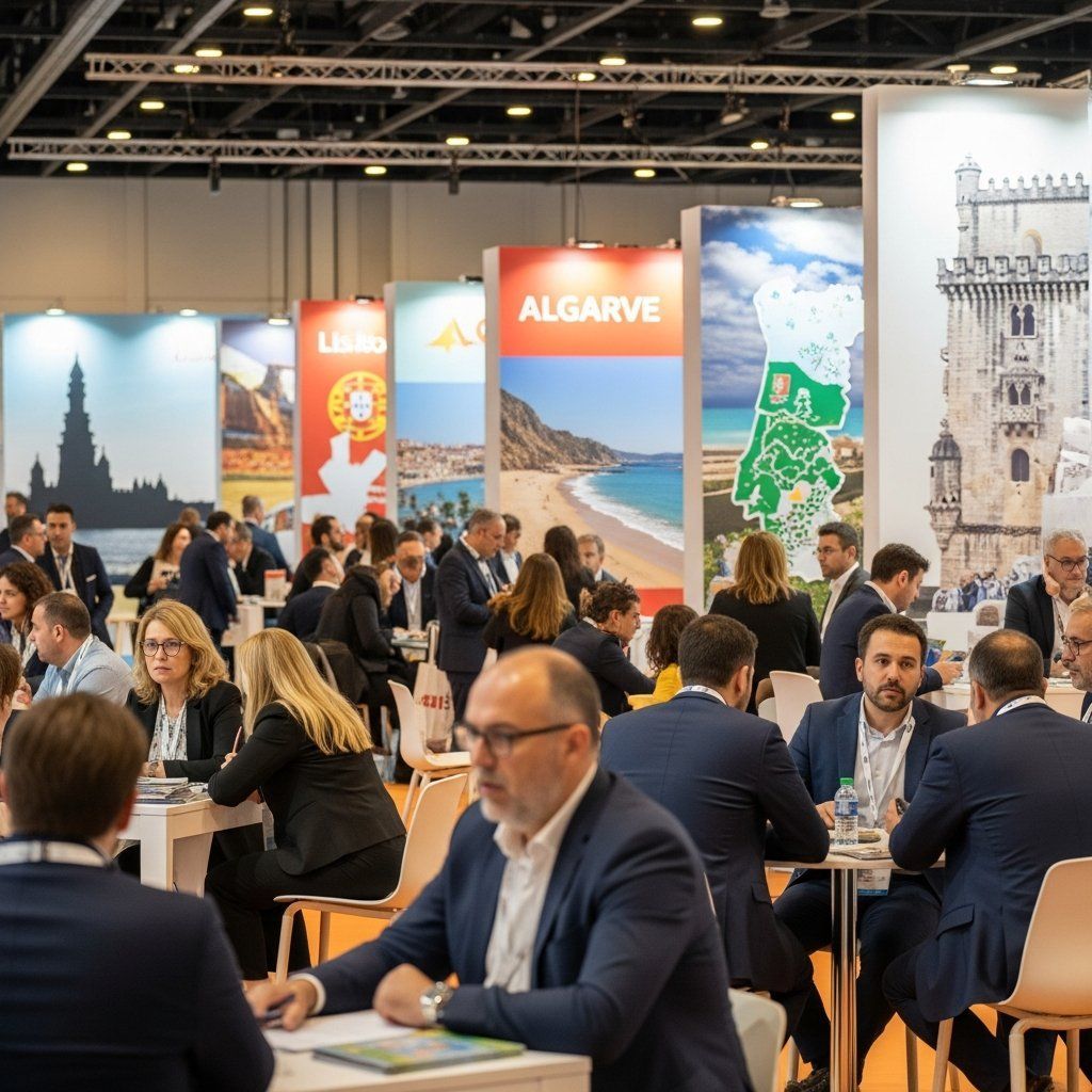International travel industry delegates networking at a conference with Portugal tourism displays