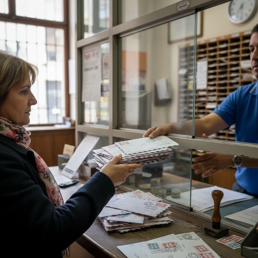 Customer handing stamped letters at a Portuguese post office counter