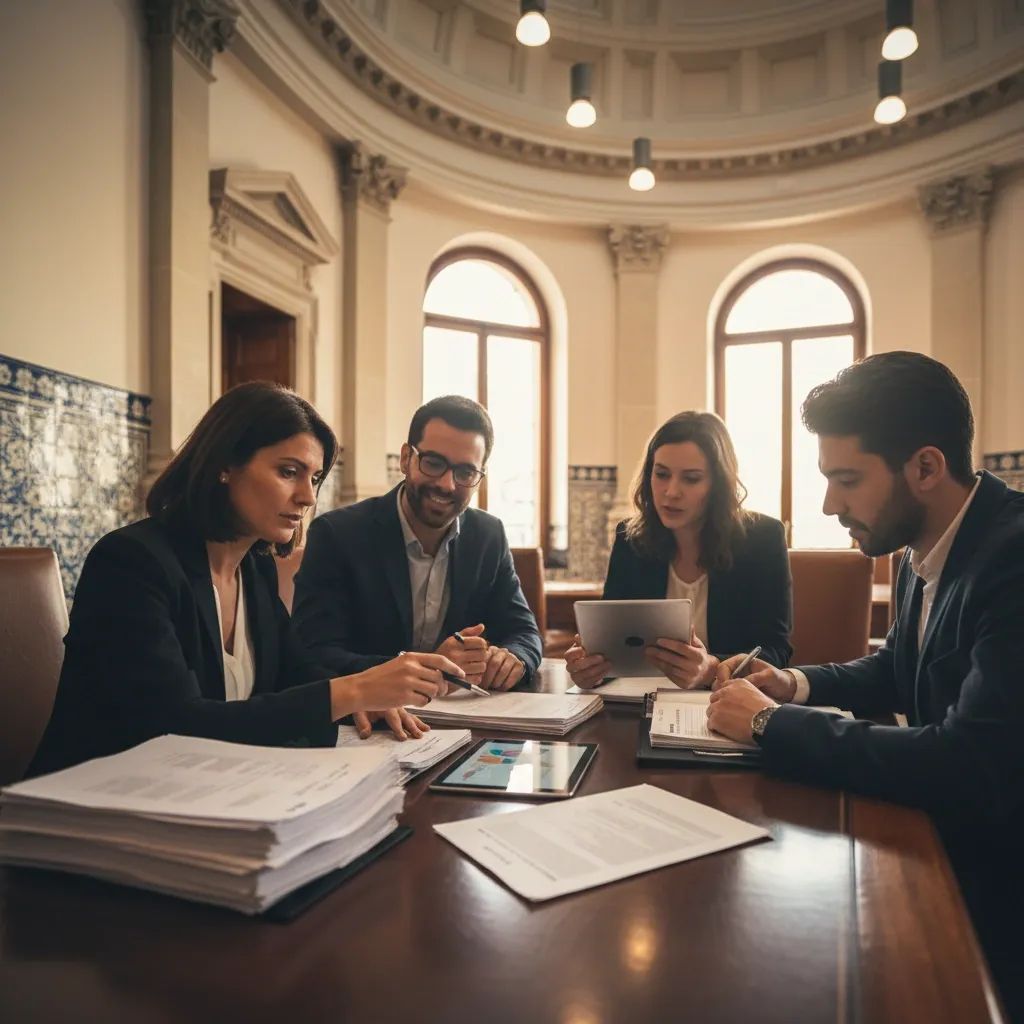 People reviewing loan documents and insurance contracts at a desk in a Portuguese bank setting
