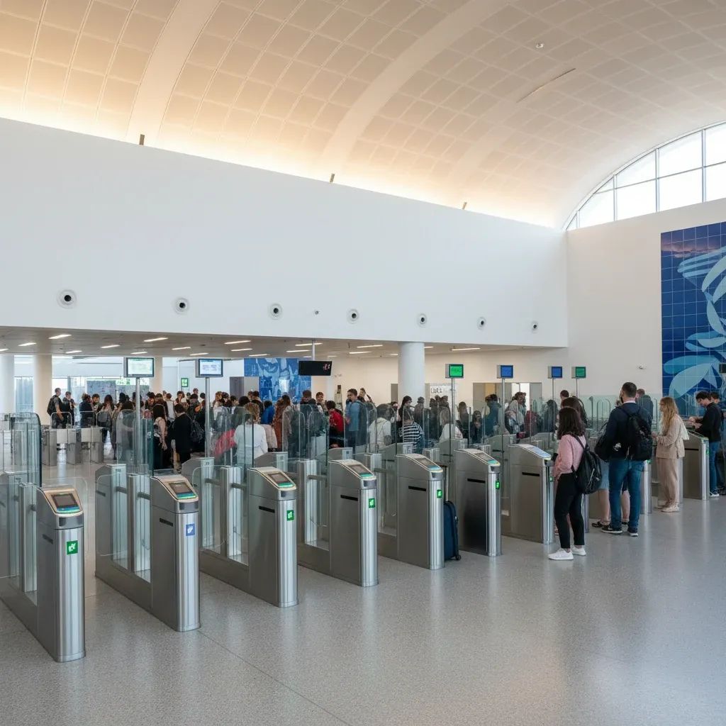 Travellers queue at automated biometric e-gates in a Portuguese airport passport control hall