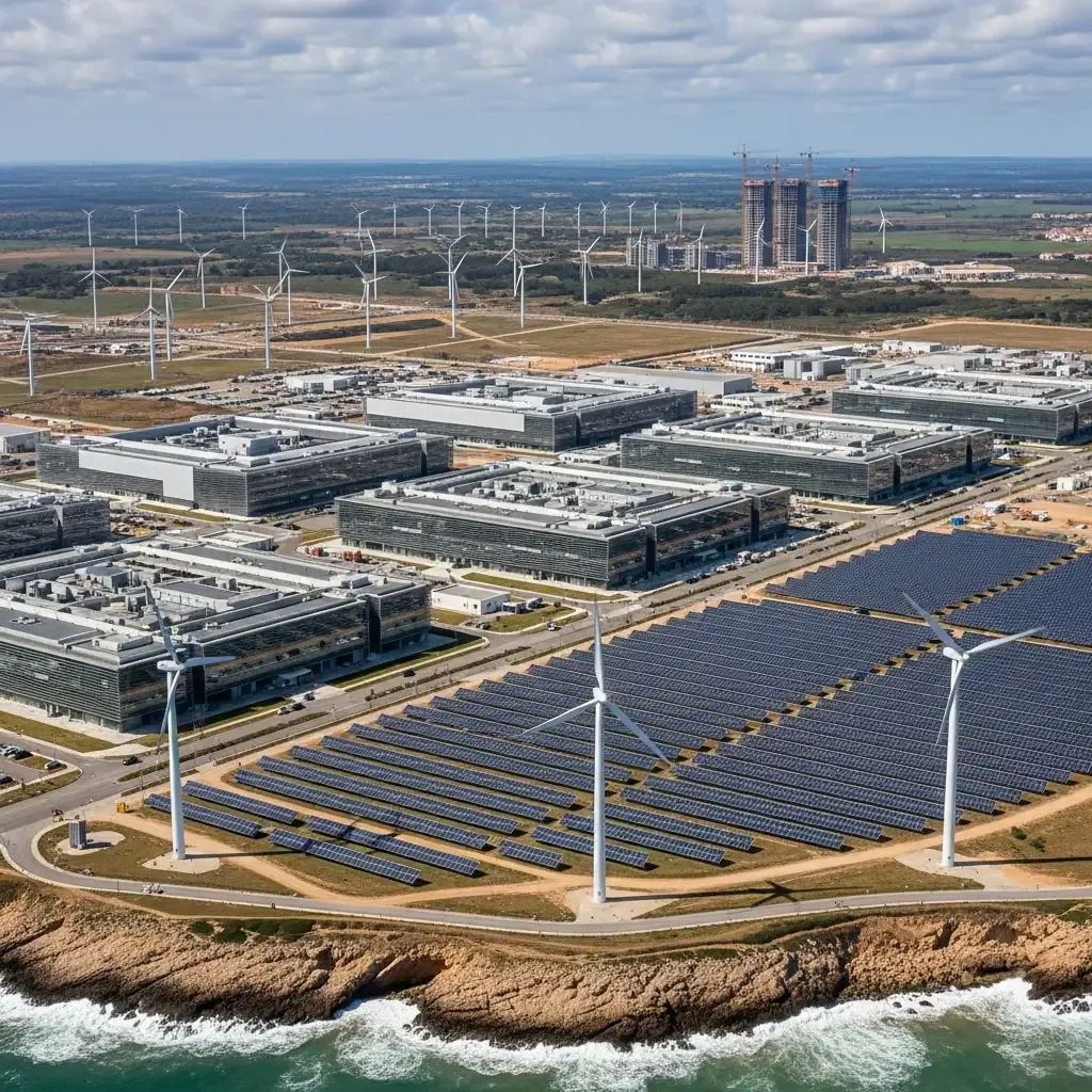Aerial view of a coastal Portuguese data centre complex with wind turbines and solar panels
