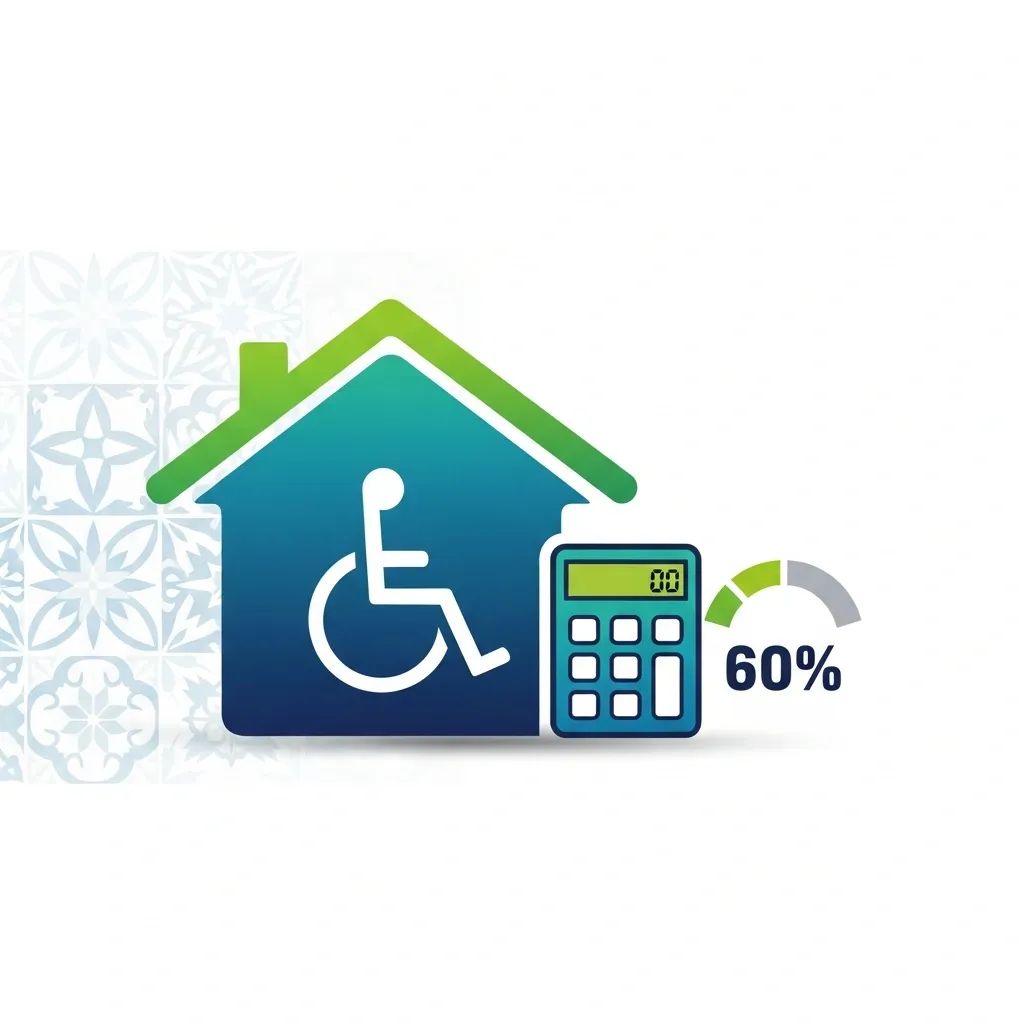 House and wheelchair icons with calculator and 60% gauge illustrating discounted mortgage rate