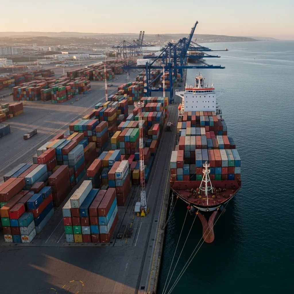 Cargo ship with containers docked at a Portuguese Atlantic port representing EU-Mercosur trade