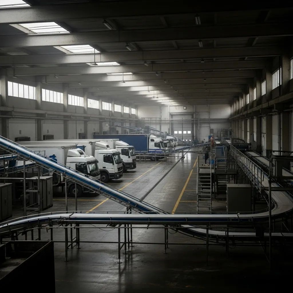 Interior vazio de indústria de carne da Sicasal com linhas de produção paradas e camiões estacionados