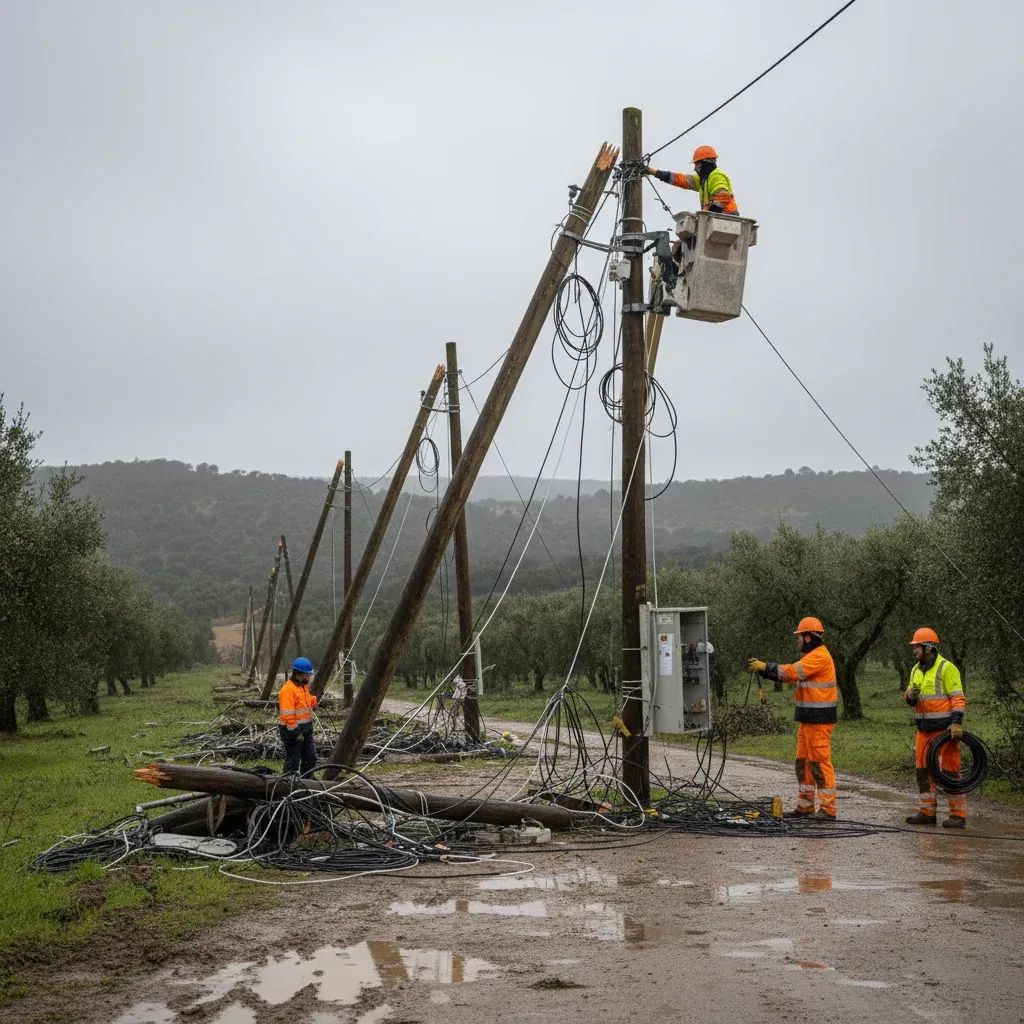 Telecommunications workers repairing damaged fiber optic infrastructure and utility poles in Portugal after storm damage