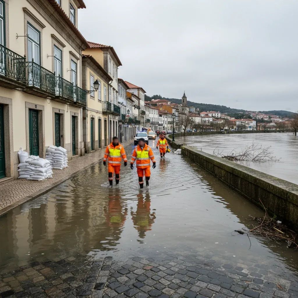 Emergency workers placing sandbags along a flooded Portuguese riverside street
