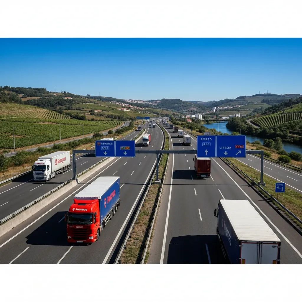 Heavy trucks driving on toll-free Portuguese highway with Porto landscape in background