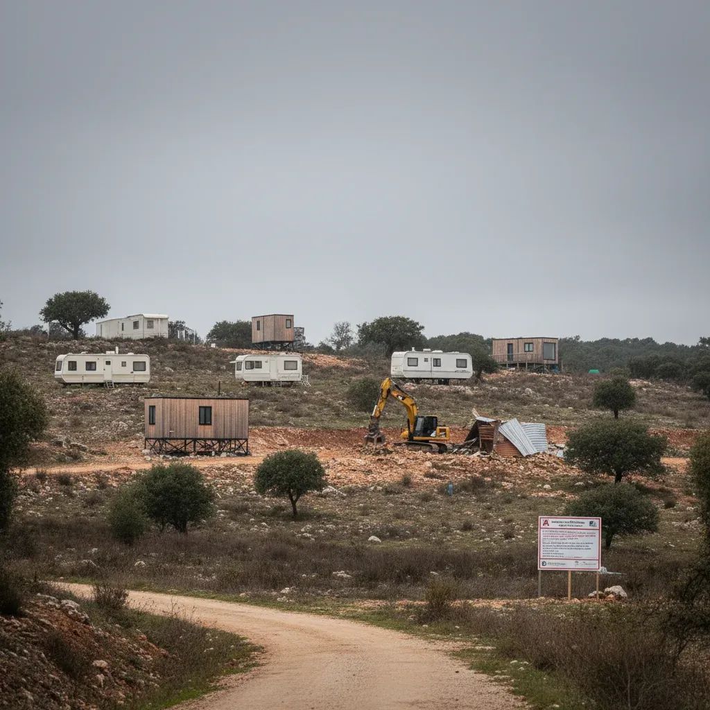Rural Algarve homes and mobile dwellings scattered across hillside with enforcement notice symbolizing municipal crackdown