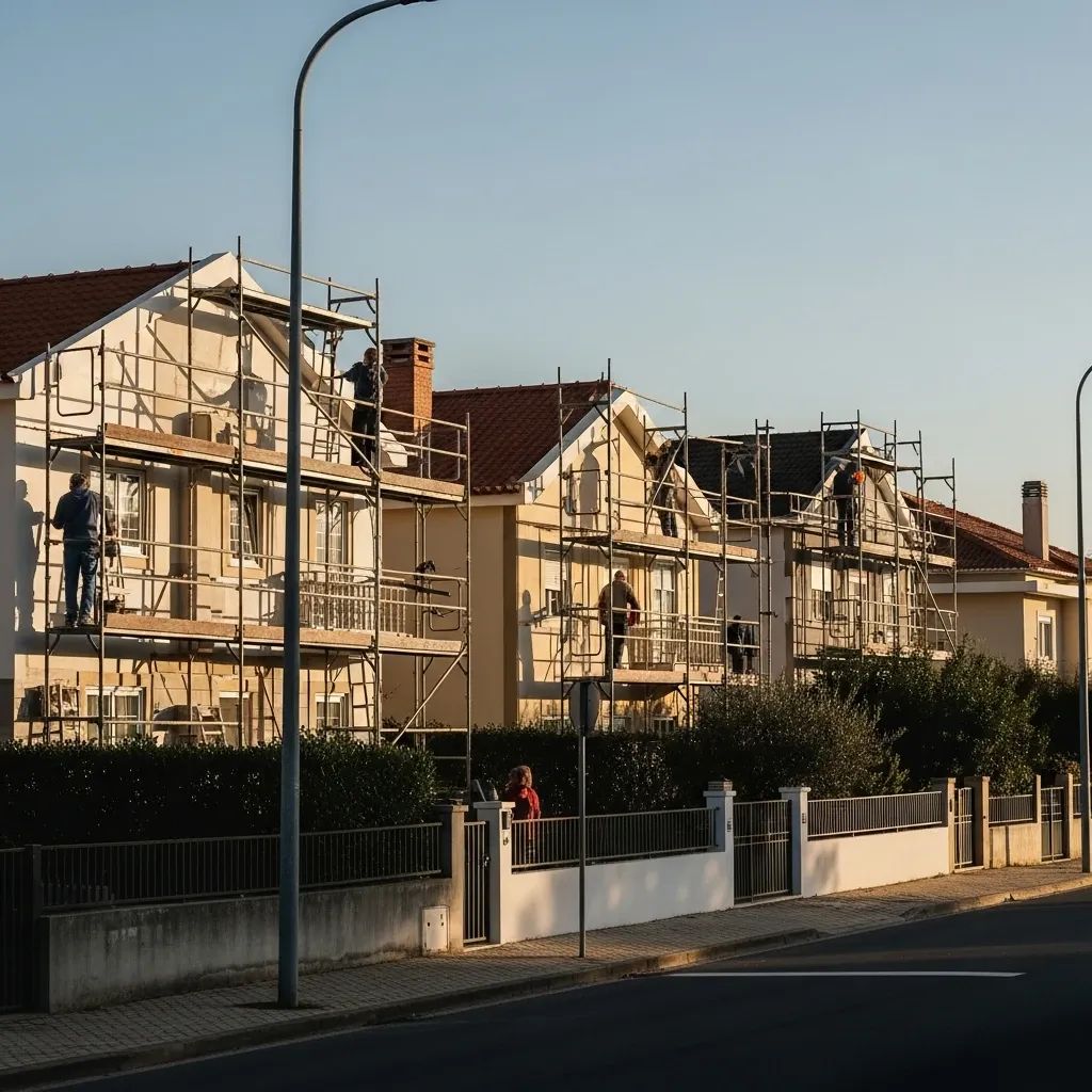 Suburban Portuguese houses under renovation with scaffolding and construction workers