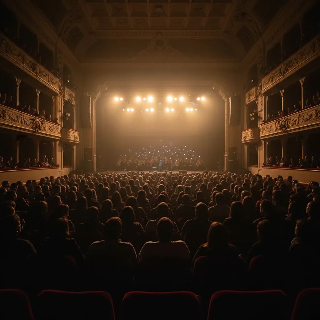 Stage view of intimate concert venue with warm lighting and audience silhouettes during live performance