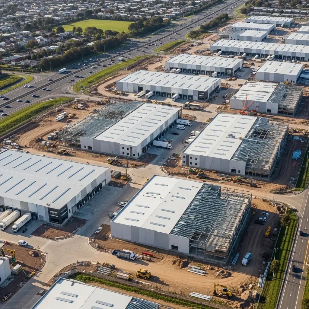 Aerial view of modular warehouses and delivery trucks in a new logistics park near a highway